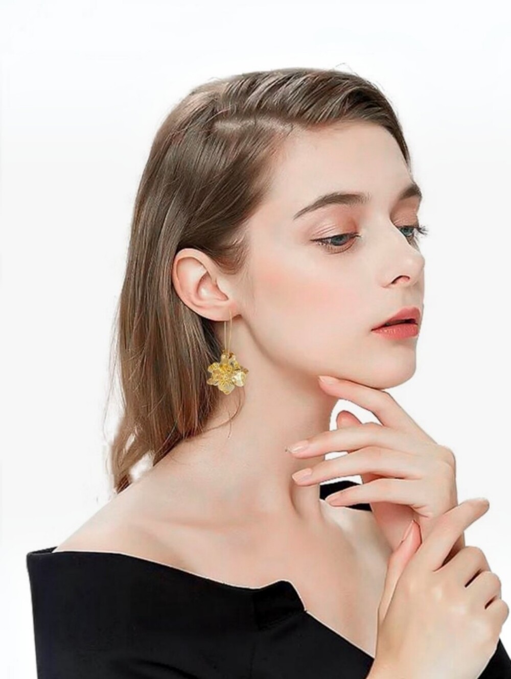 Boho Statement Floral 14kt Gold Plated Dangle Earrings 1"W×2"L-3D Flower NWT
